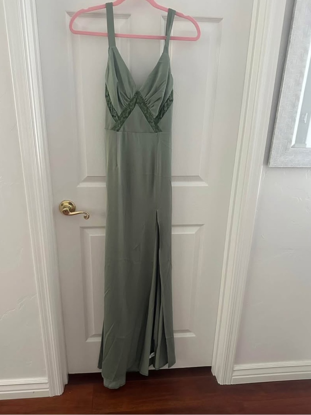 Fashion Nova Olive Green Satin Slip Gown with Lace Accents